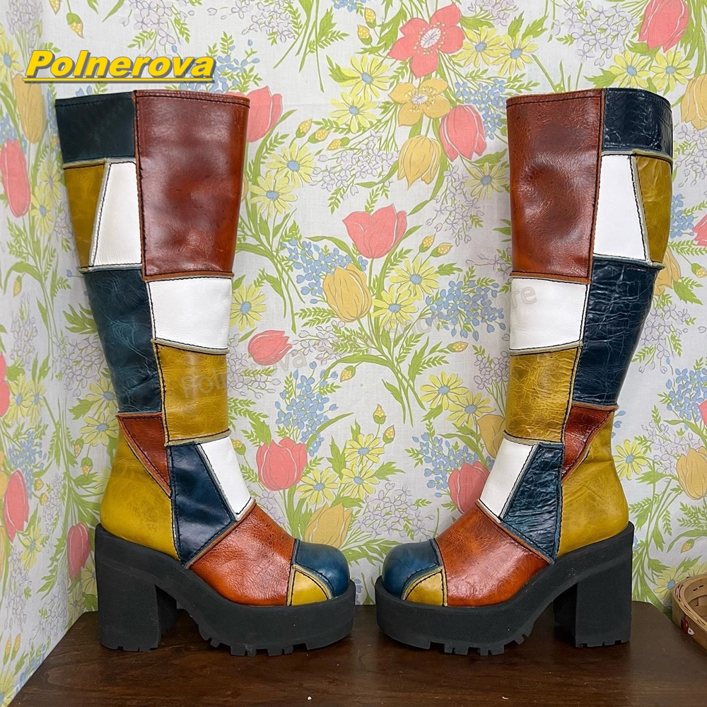 Vintage Fashion In 2026 - 여성 레트로 패치워크 가죽 니하이 부츠