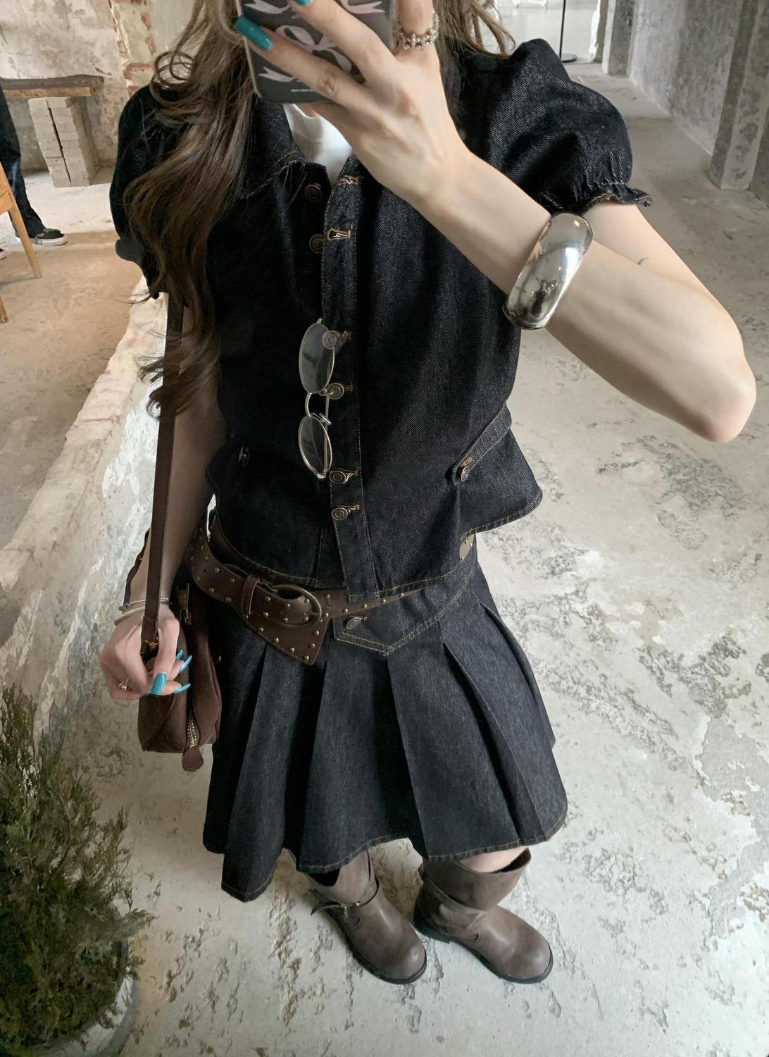 Vintage Fashion Retro Outfit - 여성 아메리칸 빈티지 2피스 데님 세트