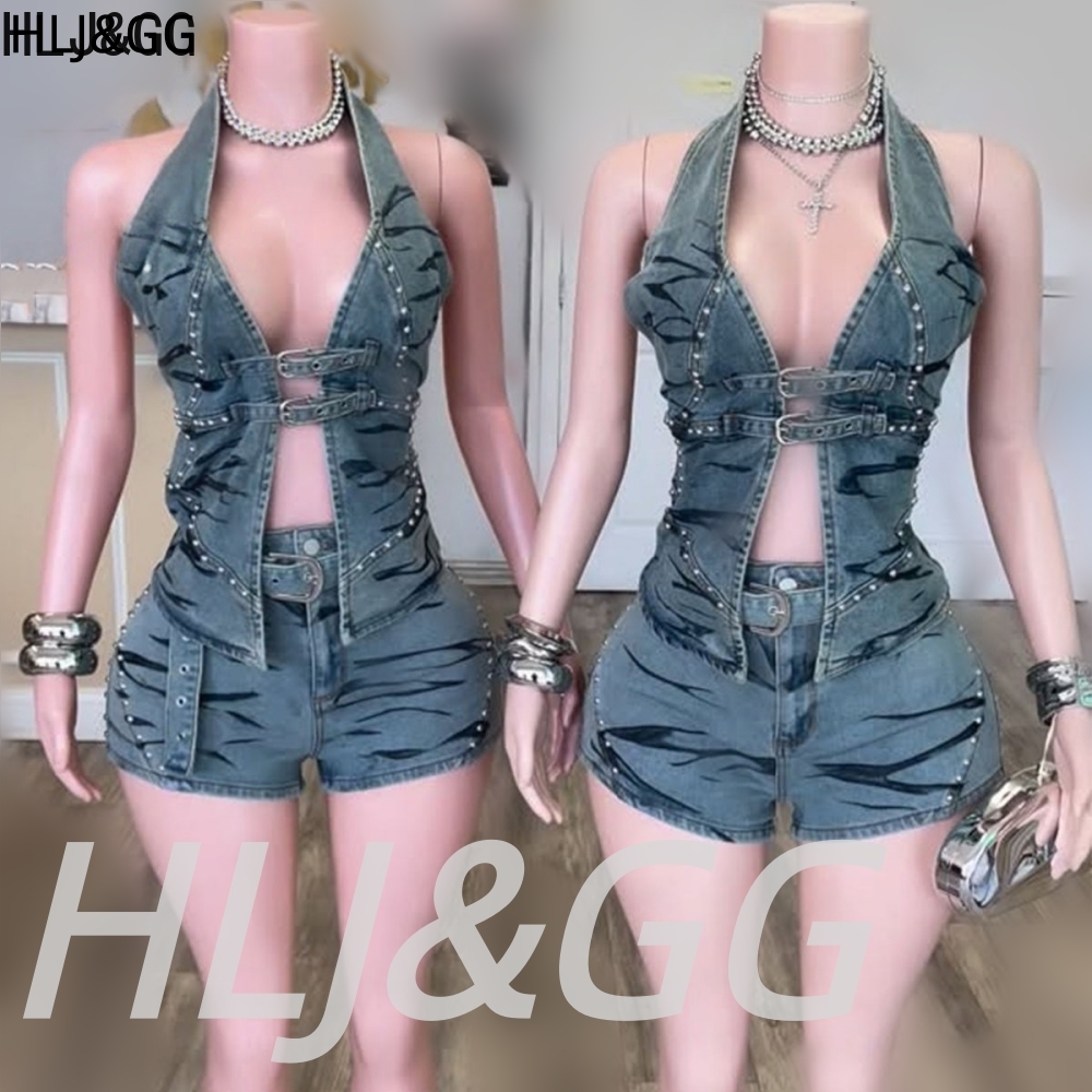 V Vintage Fashion - HLJ&GG 블루 빈티지 데님 홀터넥 투피스