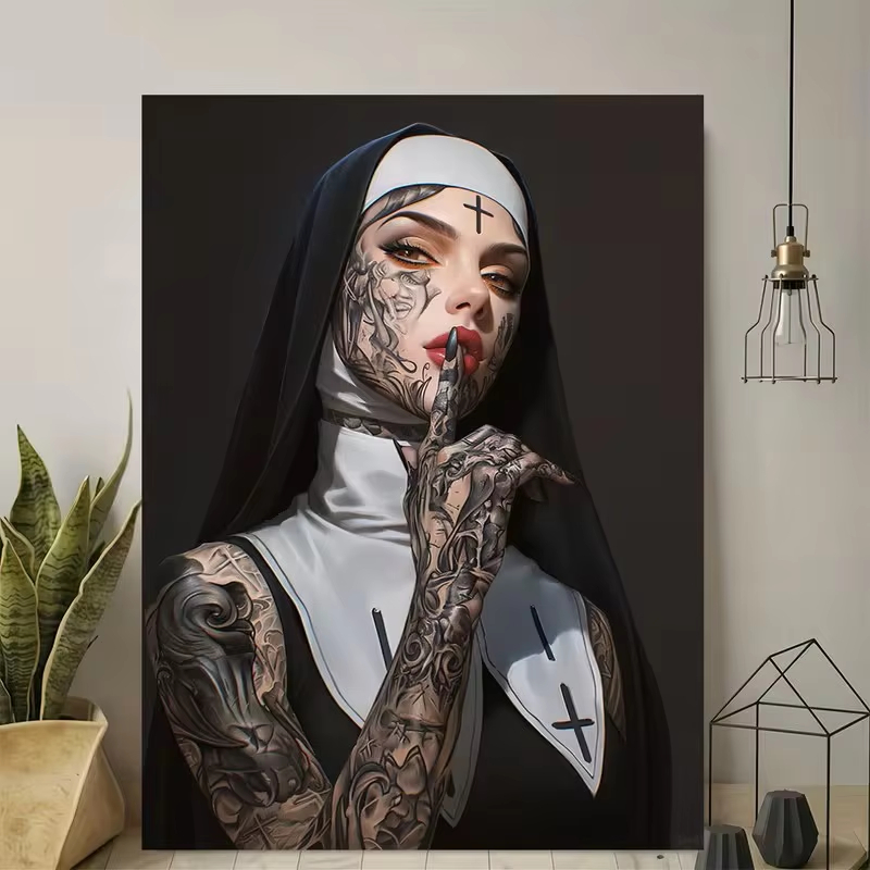 패션 소녀 문신 수녀 캔버스 포스터 벽 예술 빈티지 우 - Vintage Fashion Illustrations 리뷰 및 가격