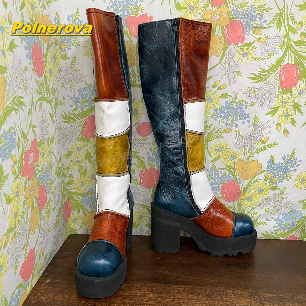 여성 레트로 패치워크 가죽 니하이 부츠 컬러 블록 청키 - Vintage Fashion In 2026 리뷰 및 가격
