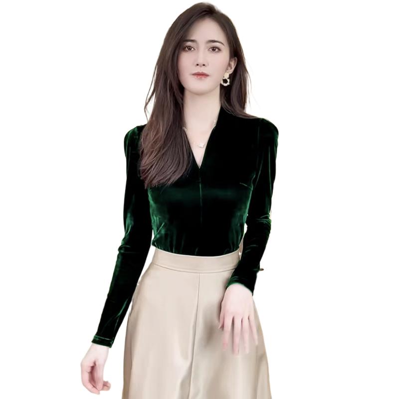 패션 우아한 브이넥 긴팔 벨루어 셔츠 한국 스트리트웨어 - V Vintage Fashion 리뷰 및 가격